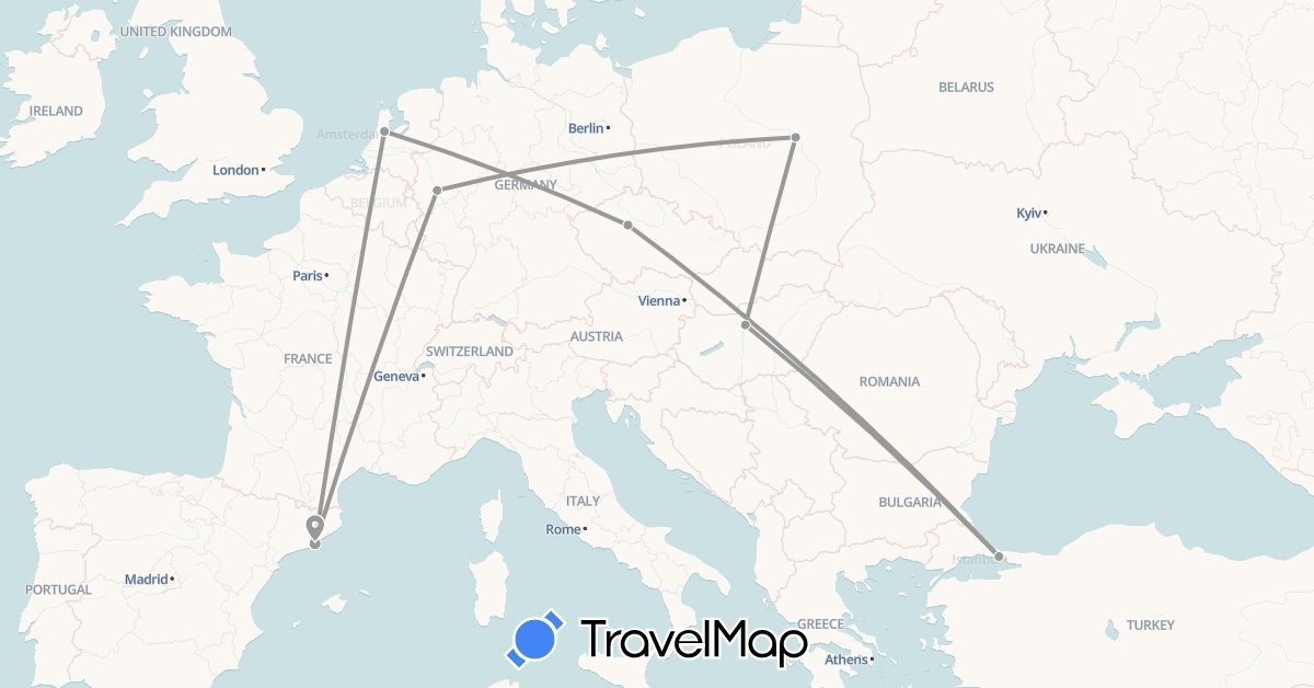 TravelMap itinerary: plane in Czech Republic, Germany, Spain, Hungary, Netherlands, Poland, Turkey (Asia, Europe)